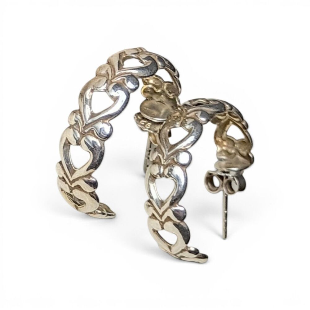 Vintage Sterling Silver Scroll Heart Hoop Earrings
